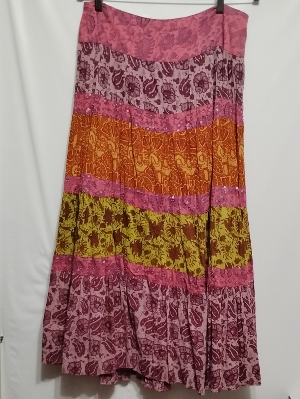 Alberto Makali Boho Free-Flowing  Tiered Scrollwork Pattern Maxi Skirt